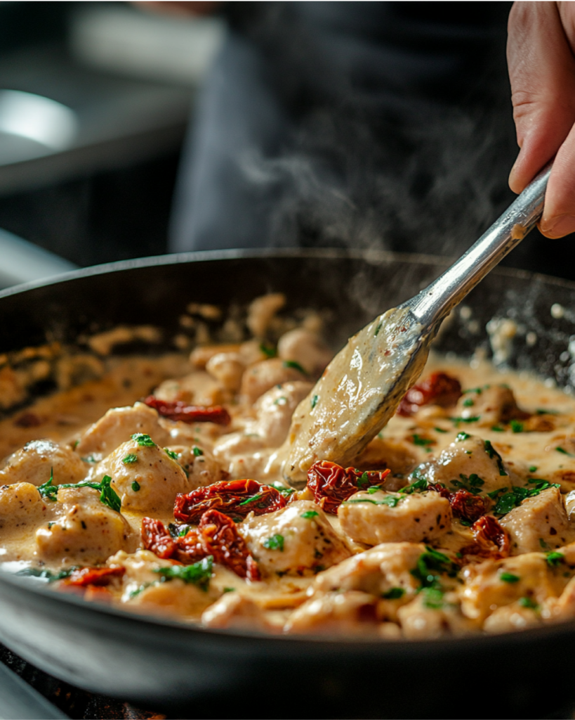 A pan filled with rich, creamy Parmesan sauce being stirred with sun-dried tomatoes.