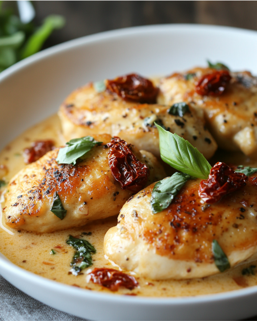 A plate of Marry Me Chicken with creamy sauce and fresh basil on a rustic wooden table.