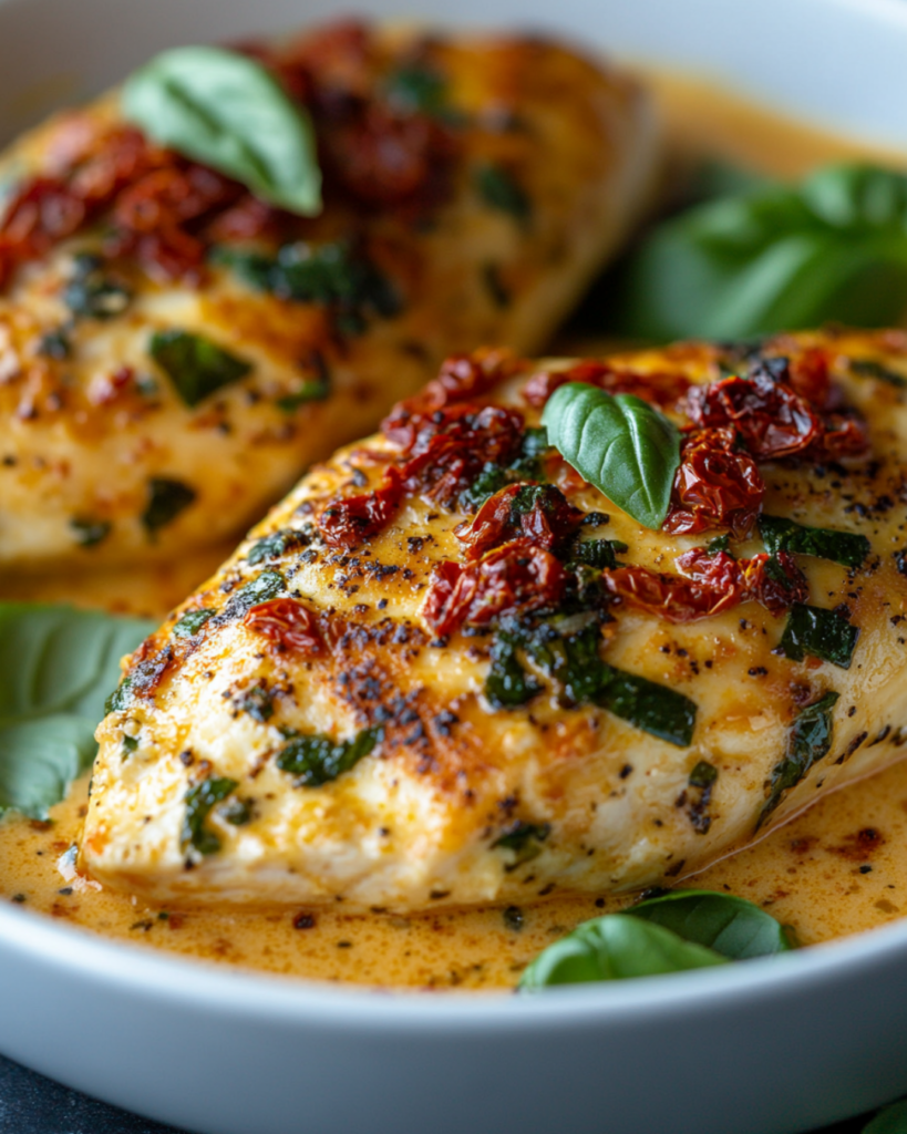 A plate of Marry Me Chicken with creamy sauce and fresh basil on a rustic wooden table.