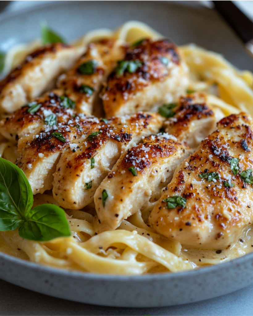 A plate of Marry Me Chicken served over fettuccine, garnished with Parmesan and basil.