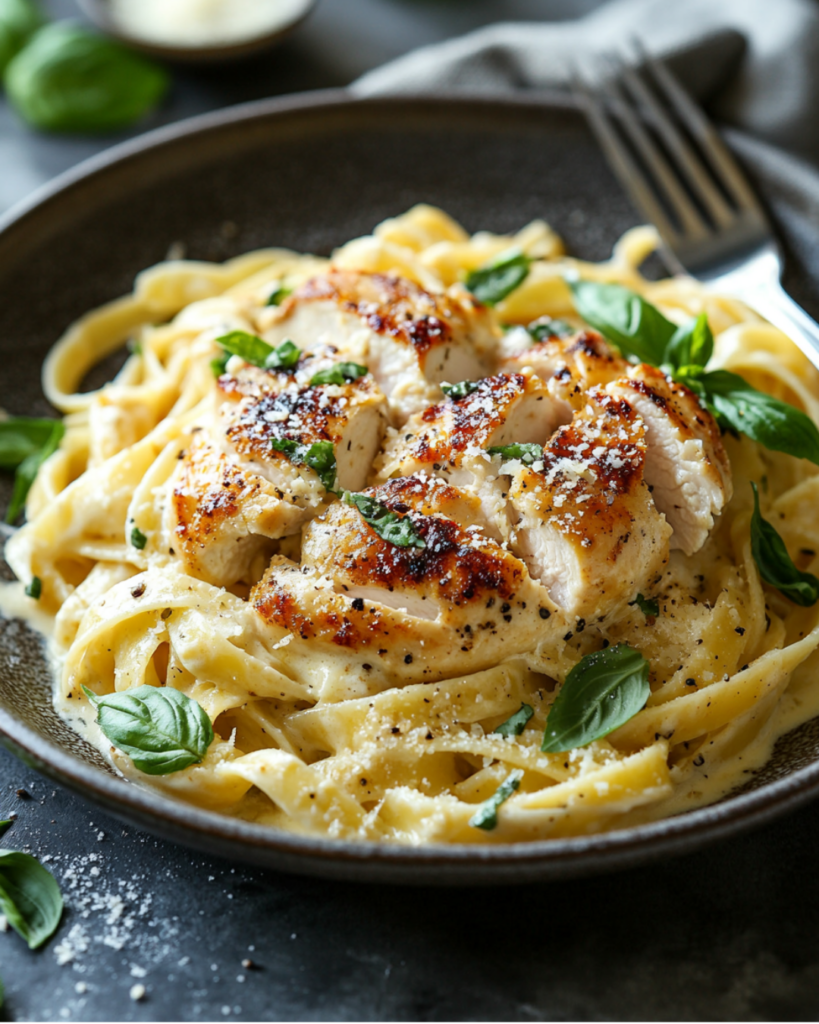 A plate of Marry Me Chicken served over fettuccine, garnished with Parmesan and basil.