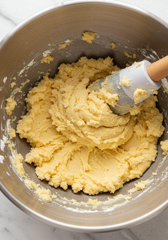 A mixing bowl with gluten-free cookie dough being stirred, showing the thick texture before baking.