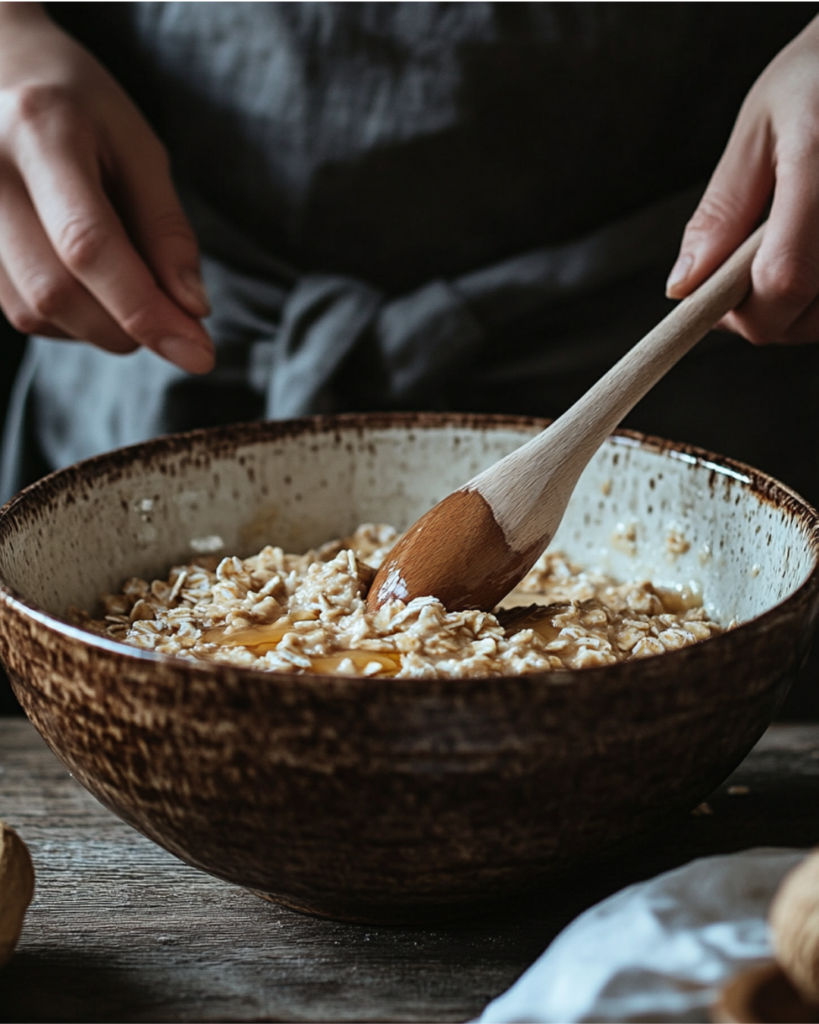 A person stirring oats and peanut butter in a bowl to make oat cups.