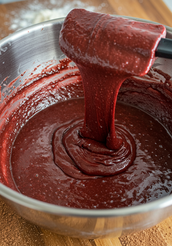 A close-up of a spatula lifting thick red velvet brownie batter in a mixing bowl.