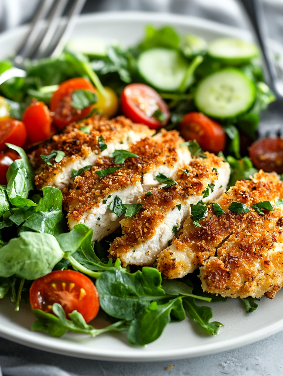 Parmesan crusted chicken with fresh garden salad