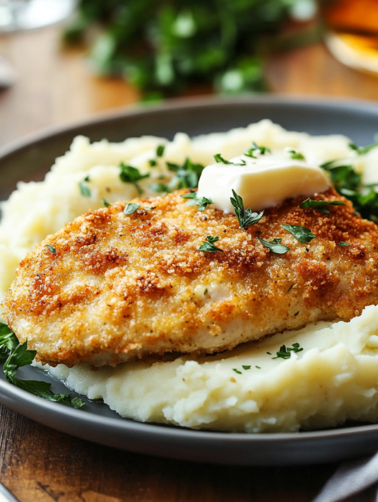 Parmesan Crusted Chicken served with mashed potatoes