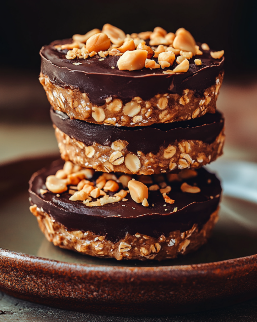 Dark chocolate being drizzled over chilled peanut butter oat cups.