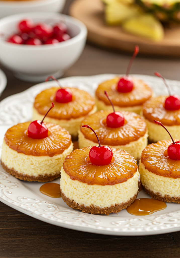 A plate of mini pineapple upside-down cheesecakes with caramel sauce drizzled over them.