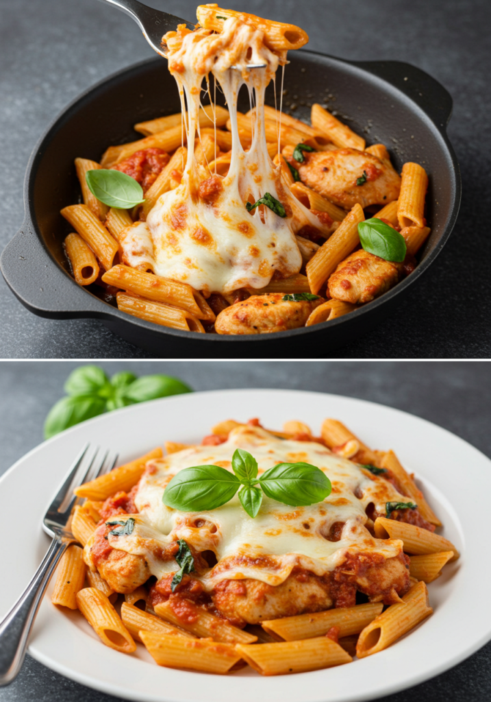 A beautifully plated chicken mozzarella pasta with basil garnish.