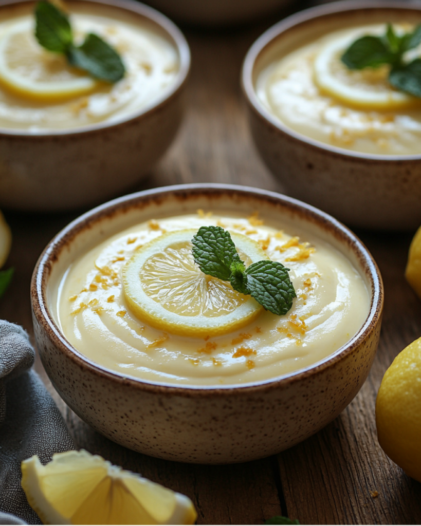 Lemon mousse dessert served elegantly with lemon slice and mint sprig.