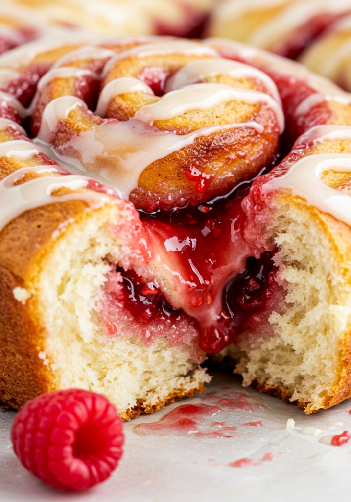 Raspberry filling oozing from a freshly baked cinnamon roll.