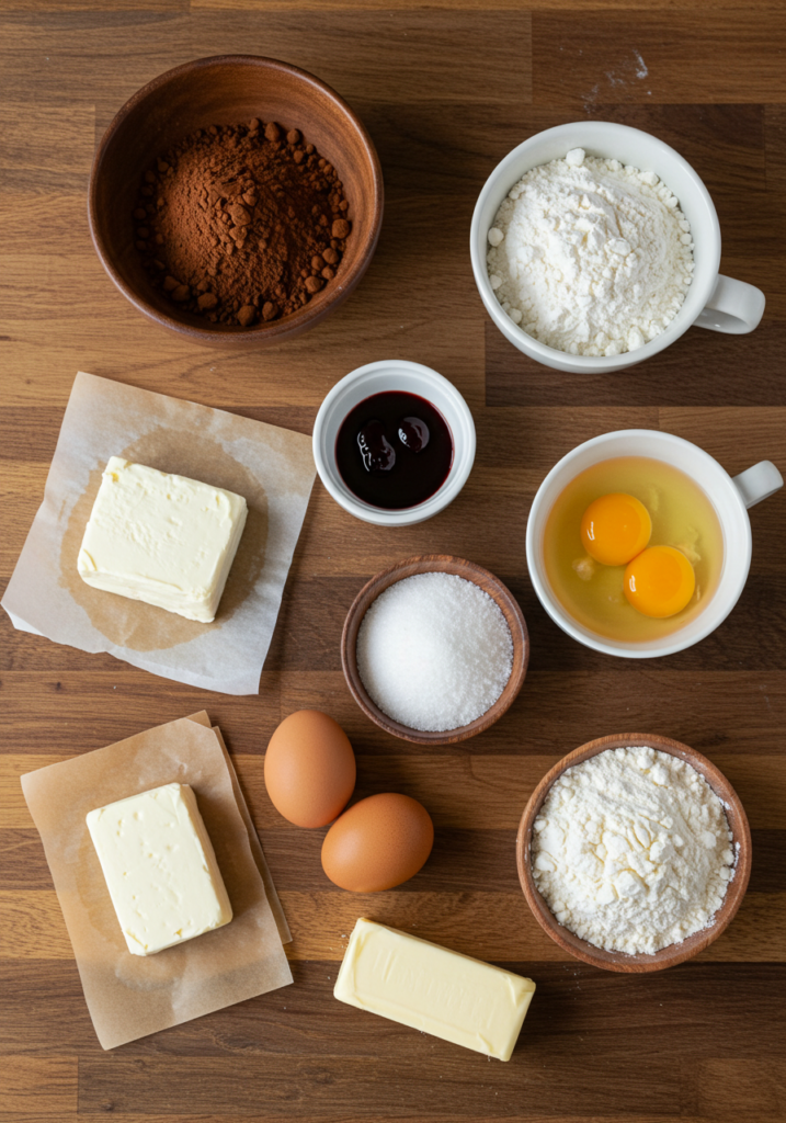  A flat lay of ingredients for red velvet cheesecake brownies, including cocoa powder, cream cheese, eggs, flour, and butter.