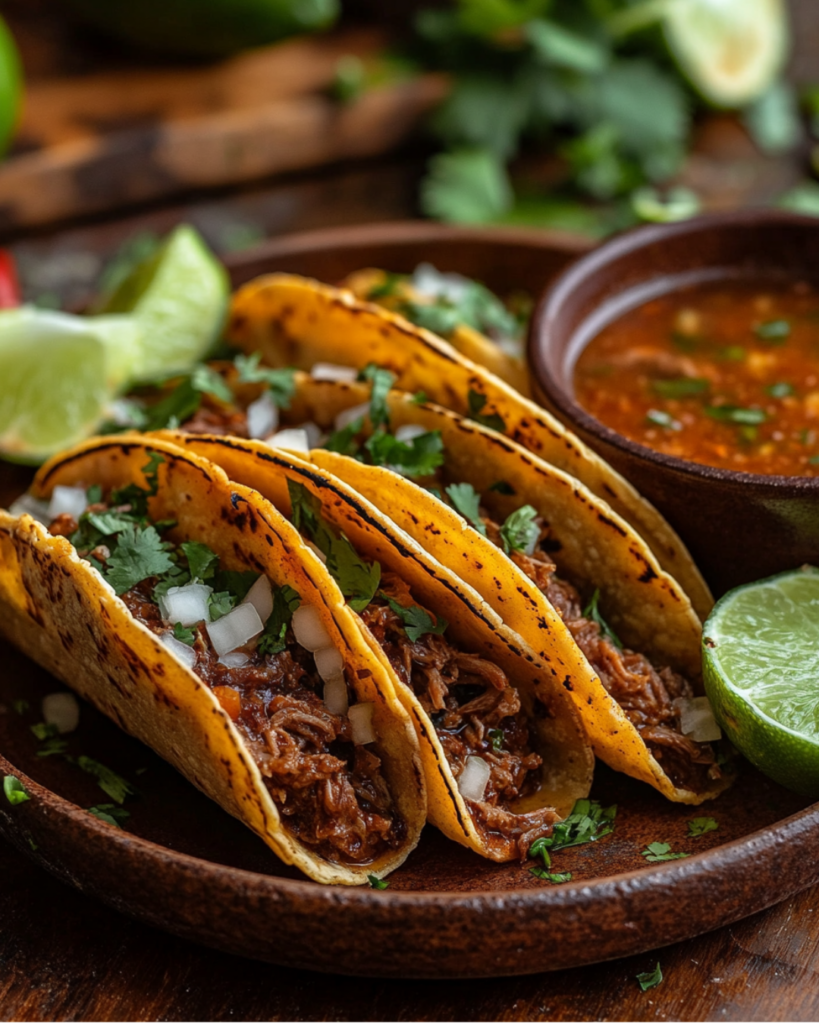 A plate of crispy birria tacos with consommé, fresh cilantro, onions, and lime wedges.