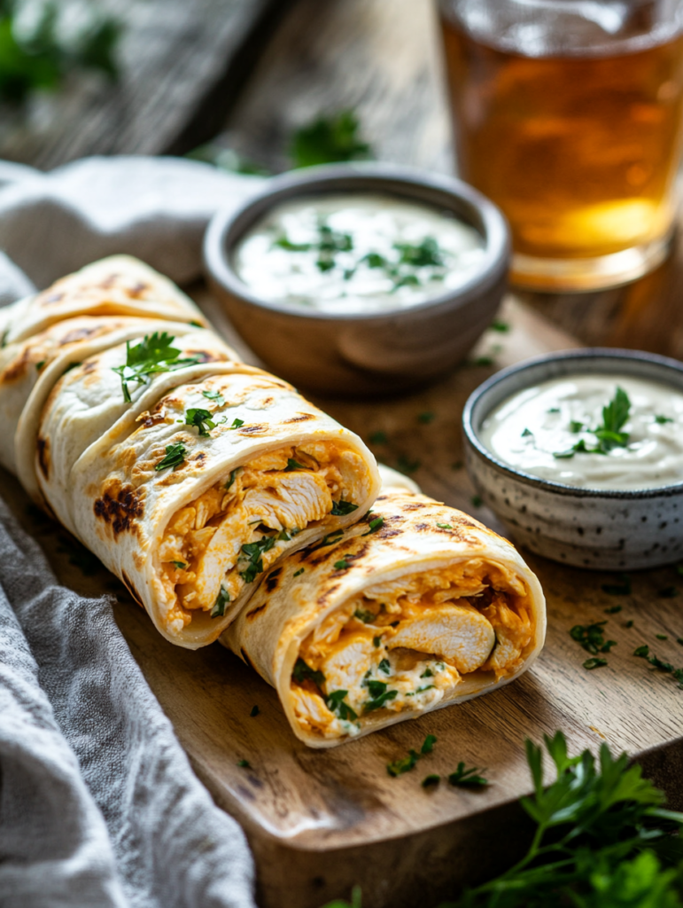 Freshly served cheesy garlic chicken wraps with dipping sauce.