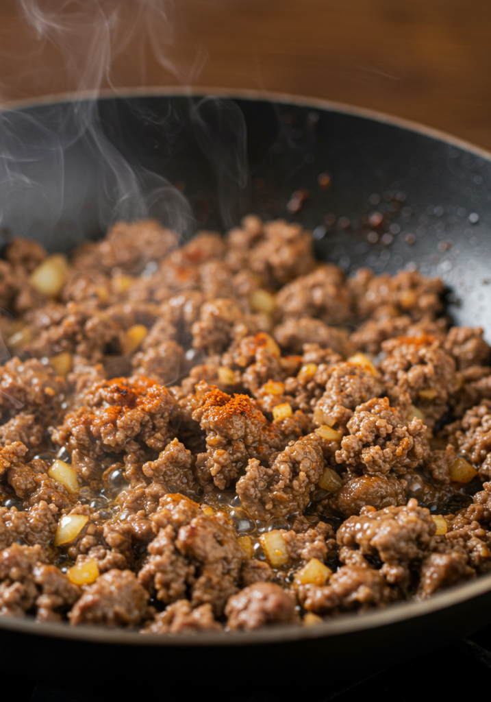 Ground beef cooking in a skillet with onions, garlic, and spices