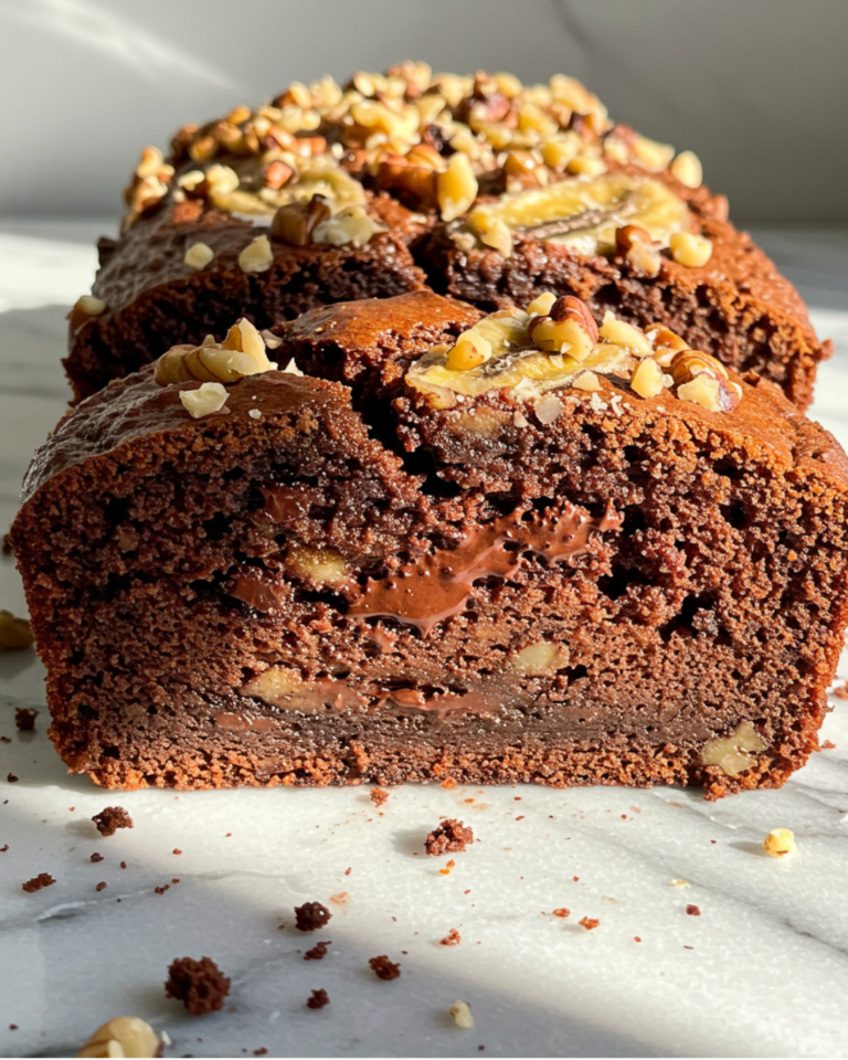 Moist slice of healthy chocolate banana bread with melted dark chocolate and walnuts