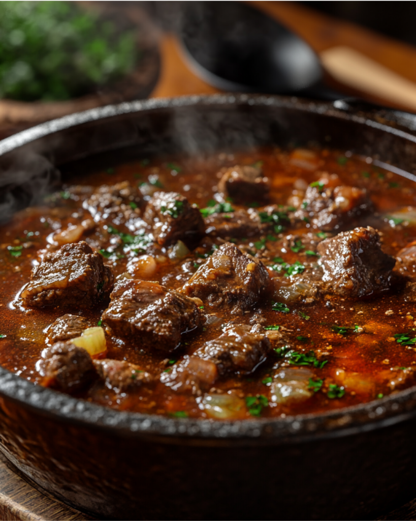 A simmering pot of rich, red birria stew with tender beef and aromatic spices.