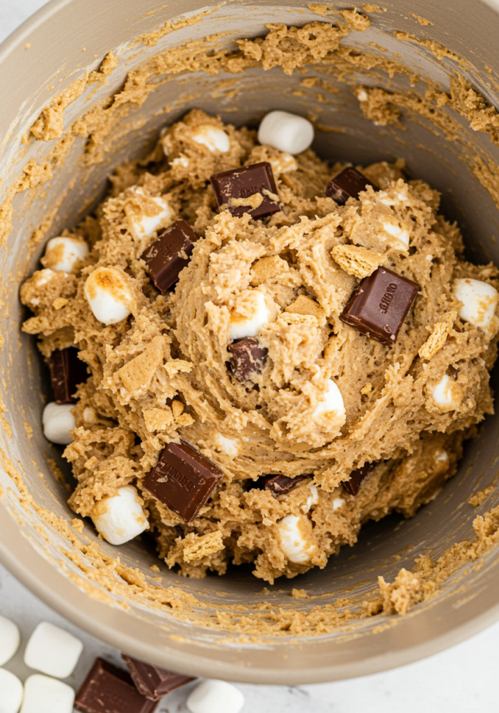 S'mores cookie dough with marshmallows, chocolate chips, and graham cracker crumbs