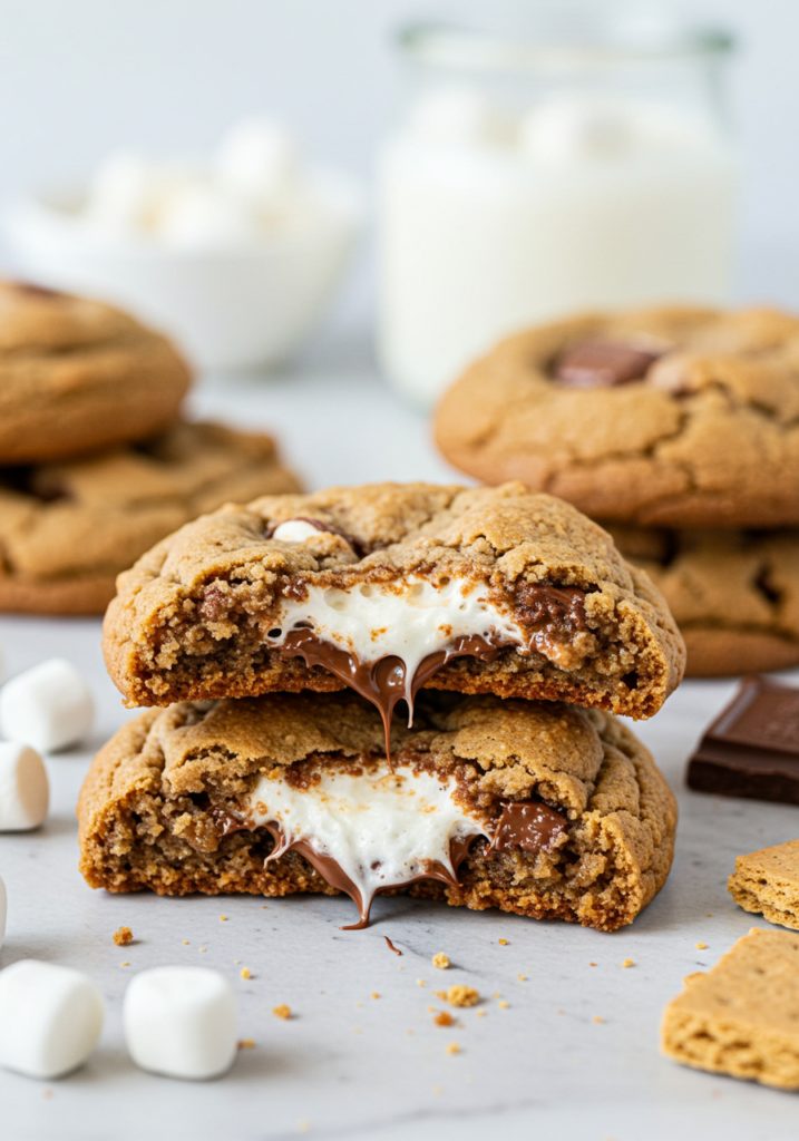 Freshly baked s’mores cookies on a baking tray with gooey marshmallows and melted chocolate