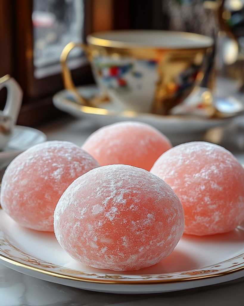 Four round, pink strawberry mochi with a slightly frosted surface on a white plate with gold edges.