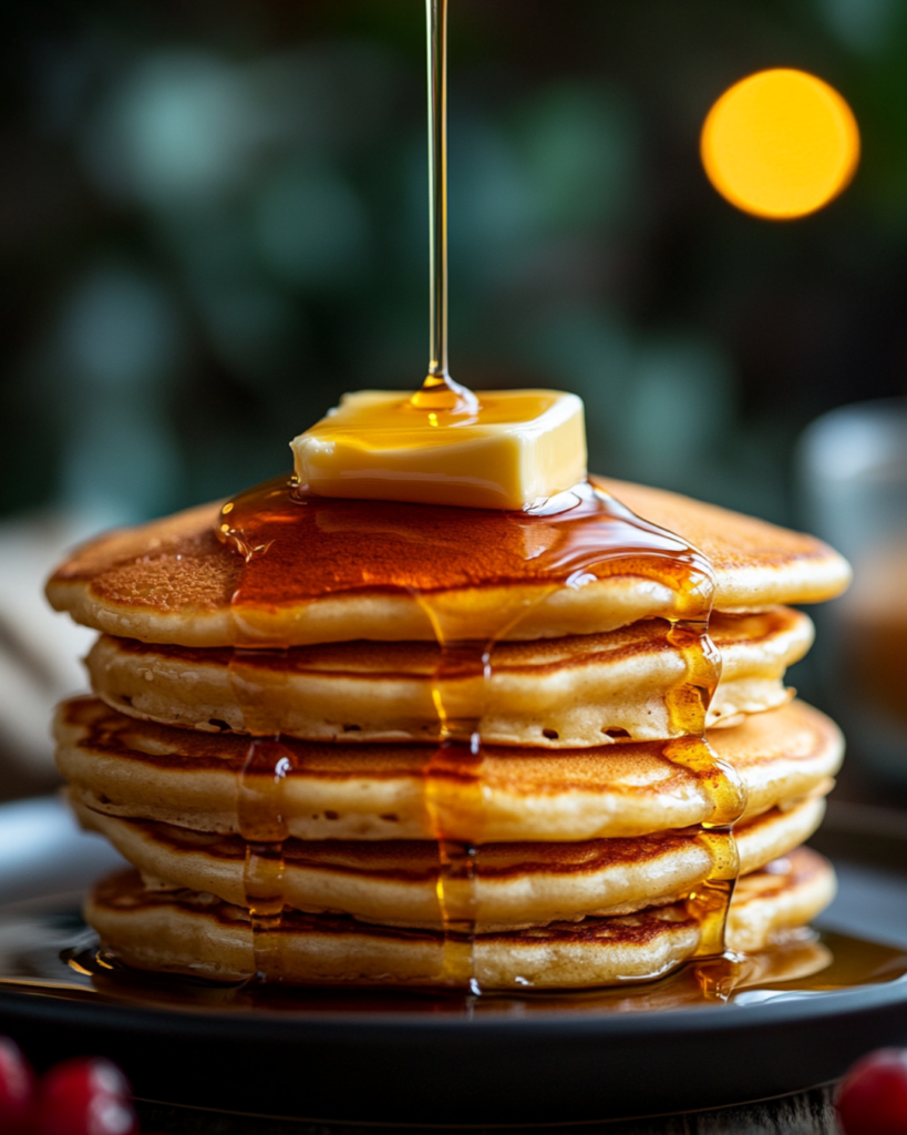 A stack of golden-brown pancakes with butter and maple syrup on a white plate.