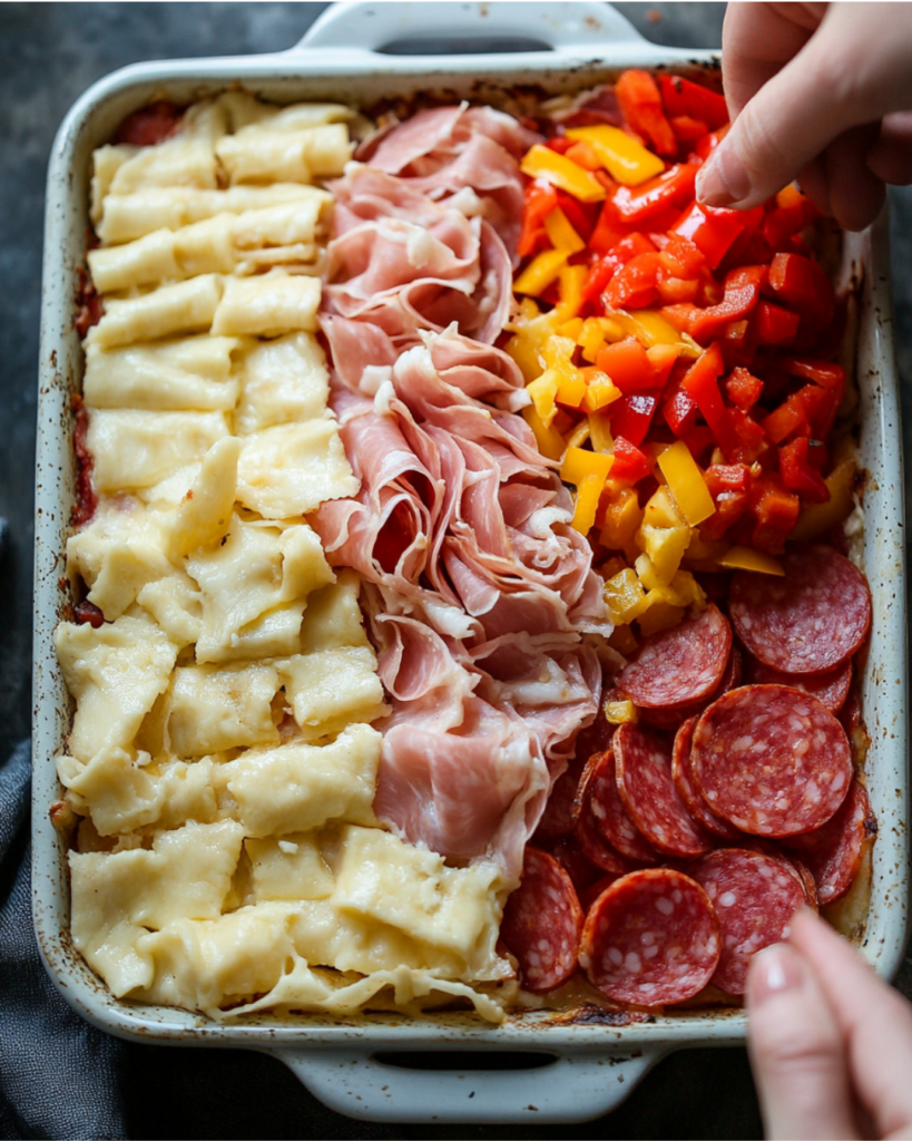 Step-by-step layering of Italian Sub Squares in a baking dish.