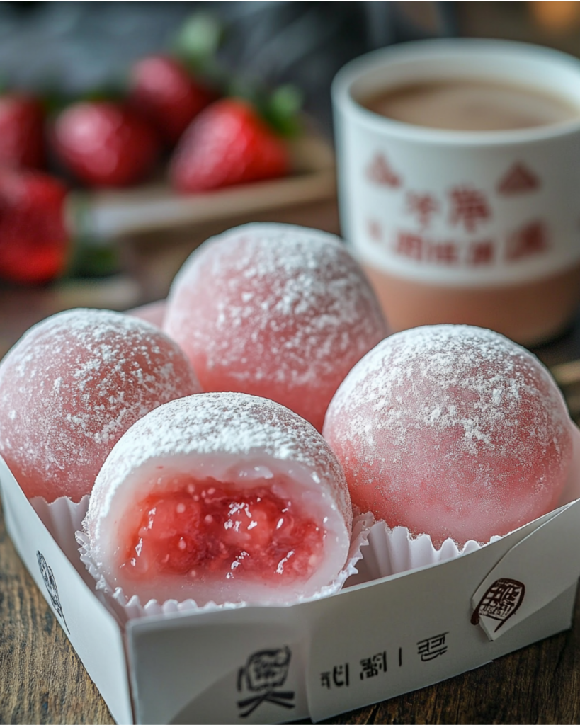 hree pink strawberry mochi on a rustic wooden table, one cut in half to show its creamy filling, served with a cup of green tea.