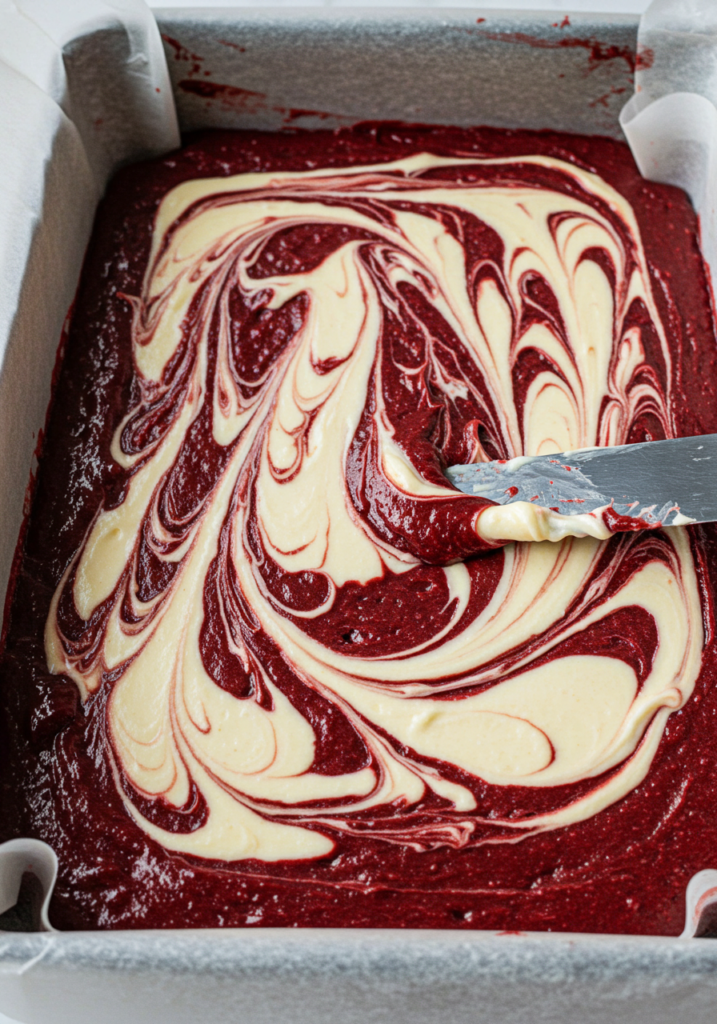 A close-up of cheesecake being swirled into red velvet brownie batter in a baking pan.