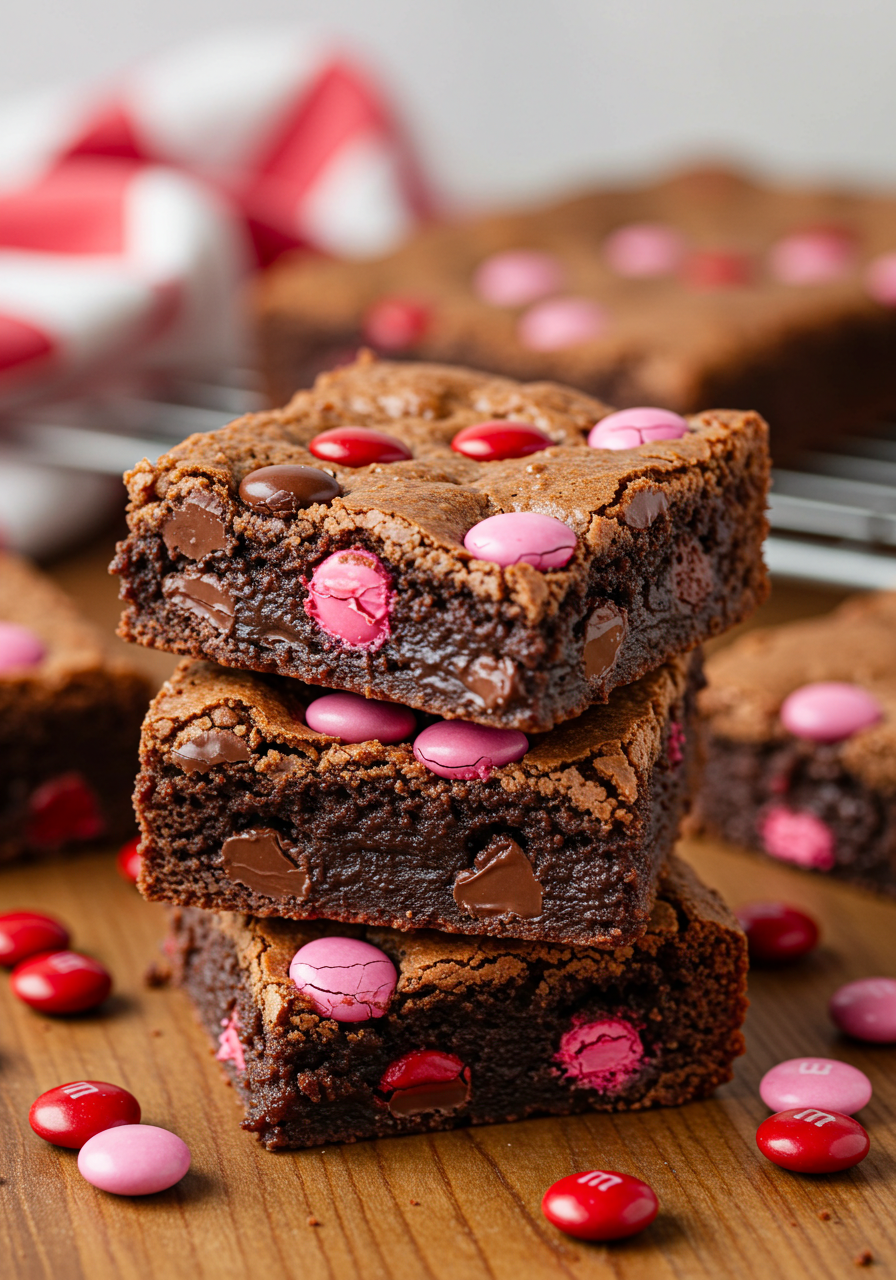 sliced Valentine’s M&M’s Brownies on a plate, with a few M&M’s on to