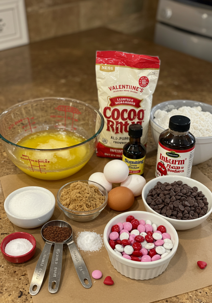 Close-up of baking ingredients for Valentine's M&M's Brownies including butter, sugar, eggs, cocoa powder, flour, and Valentine’s M&M’s