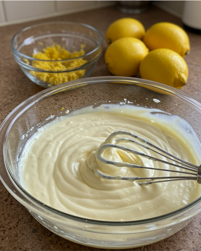 Whisk mixing creamy lemon mousse in a glass bowl with lemon zest.