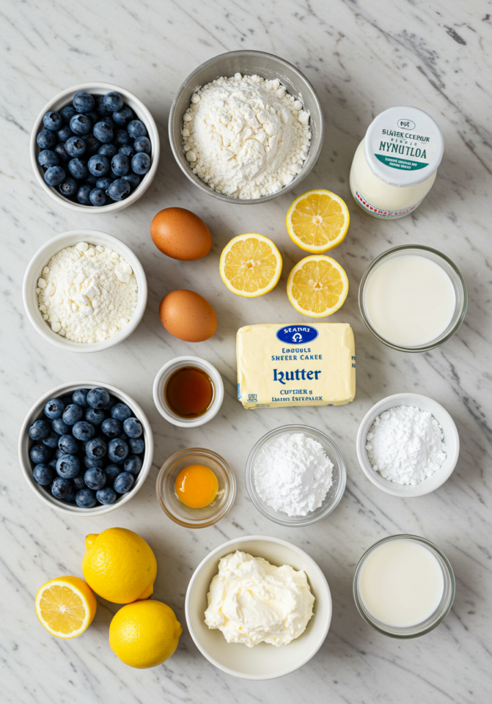 Flat-lay of fresh blueberries, lemons, flour, sugar, eggs, butter, and other ingredients for Blueberry Lemon Crème Cake.