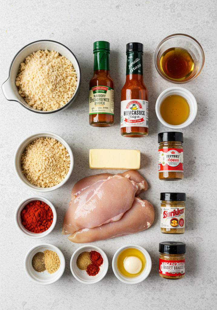 The ingredients for Crunchy Hot Honey Chicken, including chicken, honey, spices, and breadcrumbs.