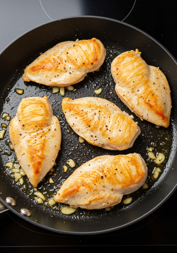 Chicken breasts being sautéed in a skillet with olive oil and garlic.