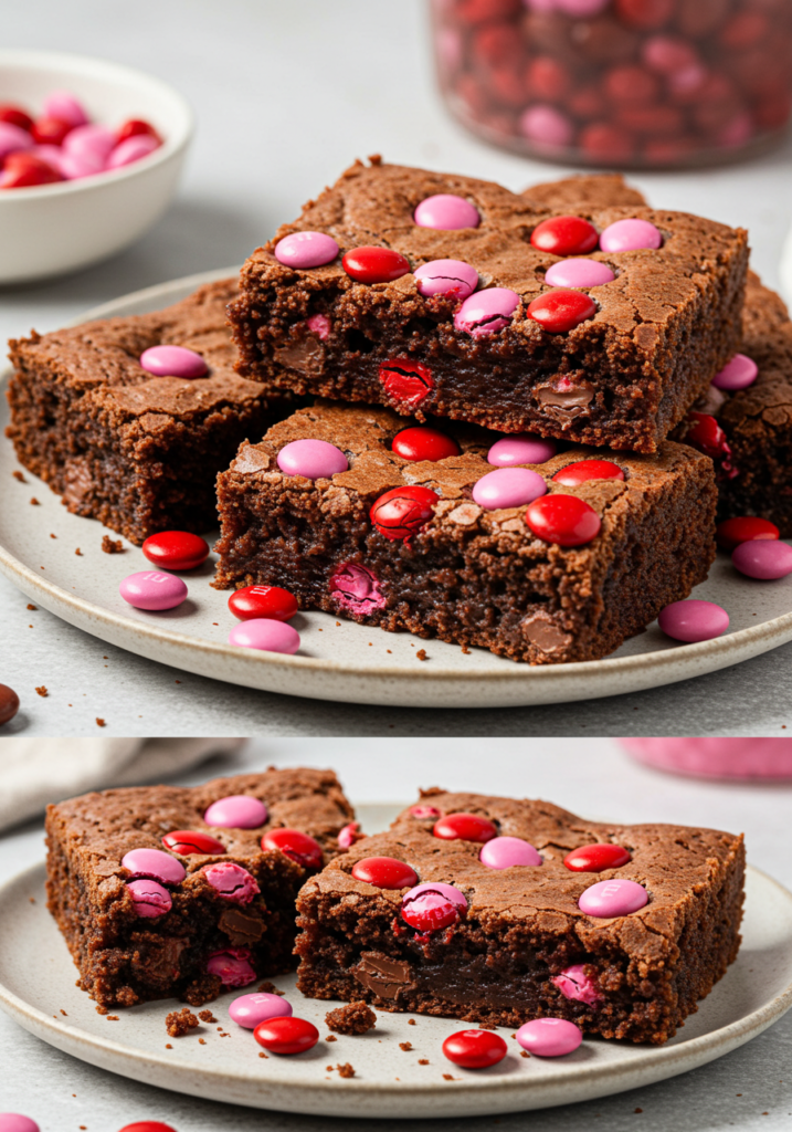 Close-up of sliced Valentine’s M&M’s Brownies on a plate