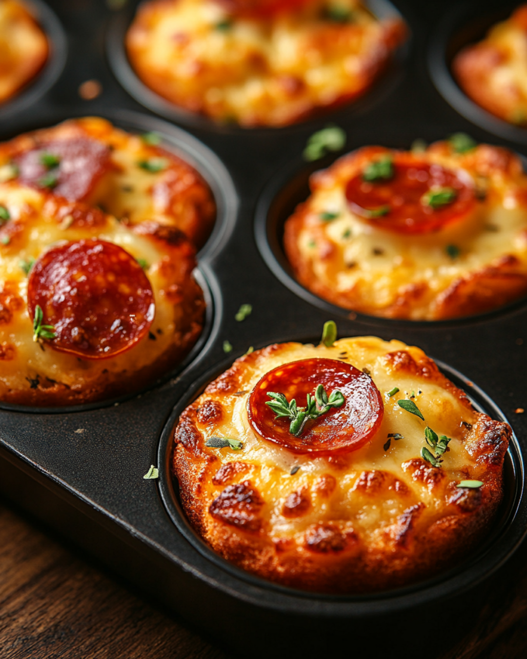 Homemade pizza cupcakes fresh out of the oven.