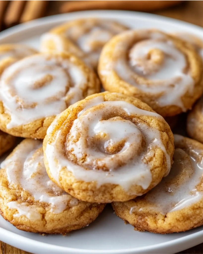 Freshly baked cinnamon roll cookies cooling on a rack with vanilla glaze drizzle.