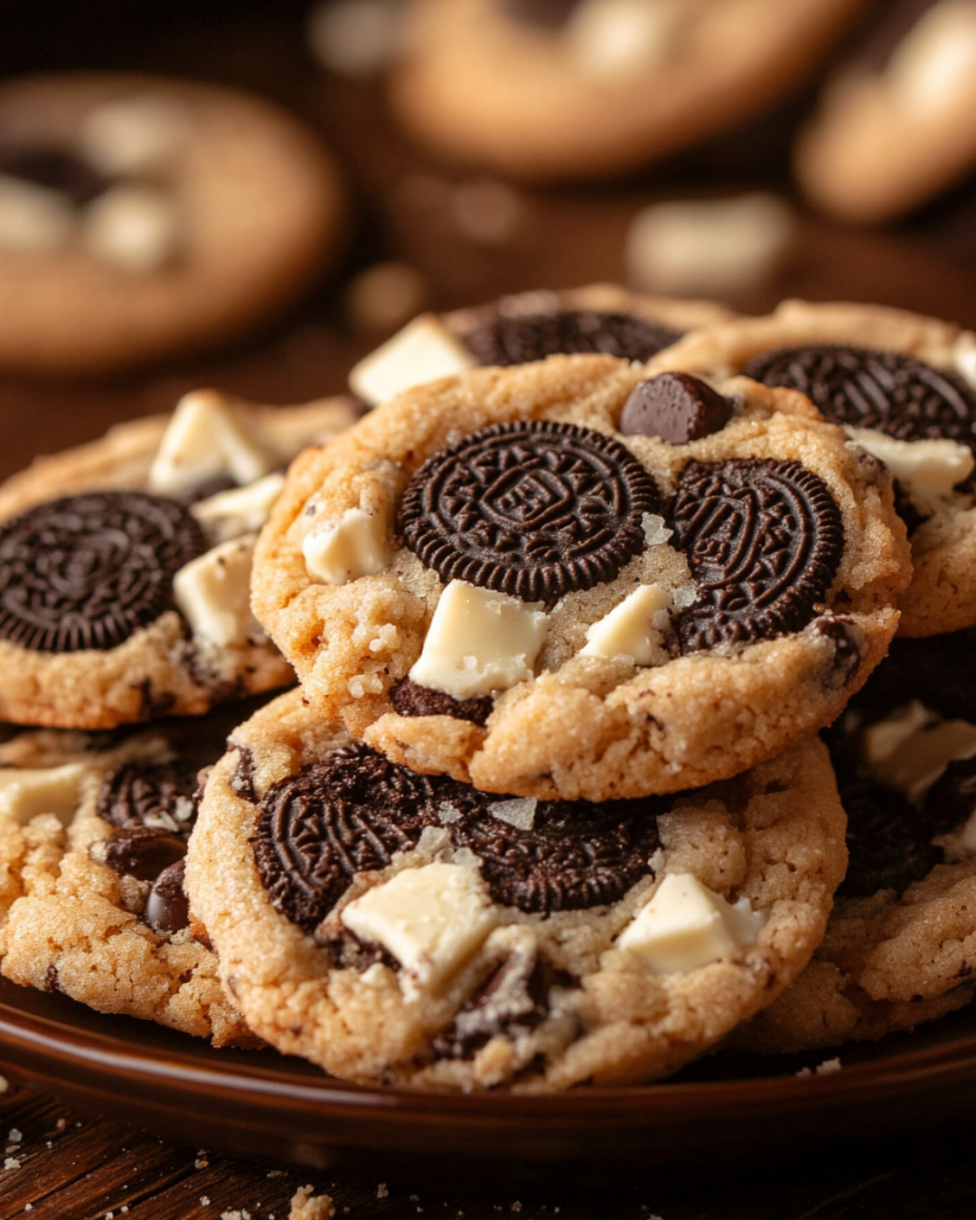 Close-up of a plate stacked with freshly baked OREO Cookies & Creme Cookies.