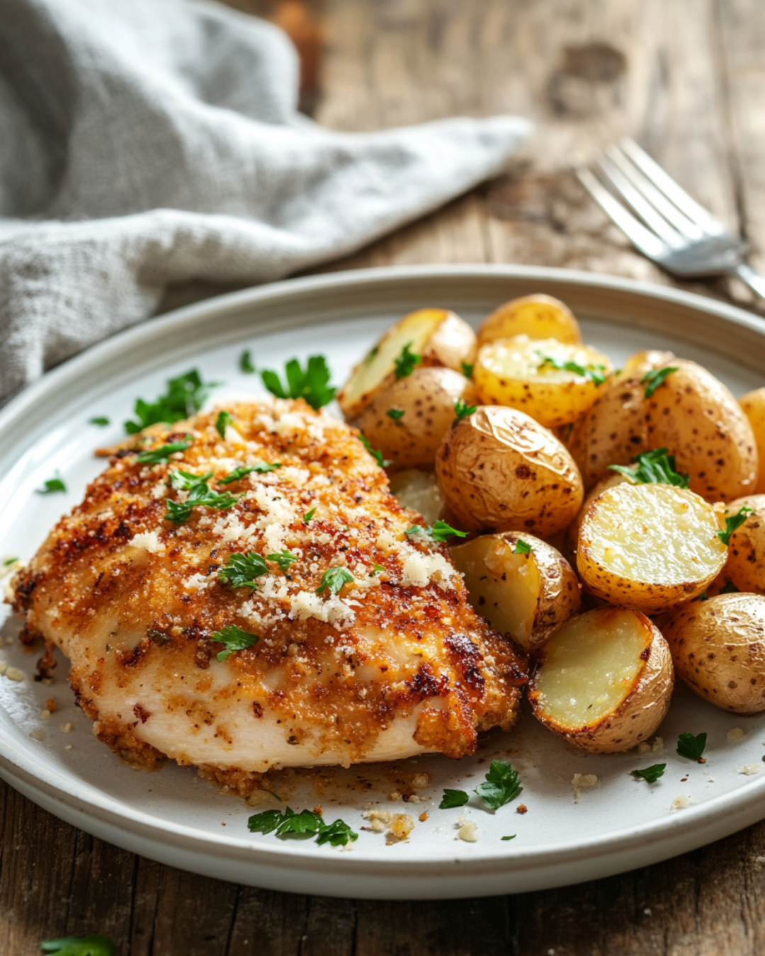 A close-up of crispy garlic parmesan chicken with golden roasted potatoes, garnished with parsley, served on a rustic wooden table.