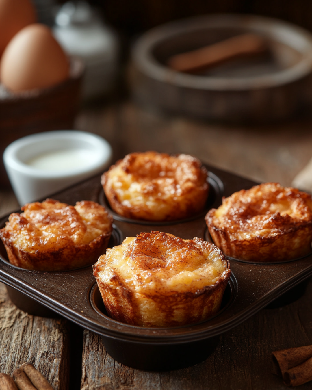 Freshly baked French toast muffins in a muffin tin, golden brown and crispy on top.