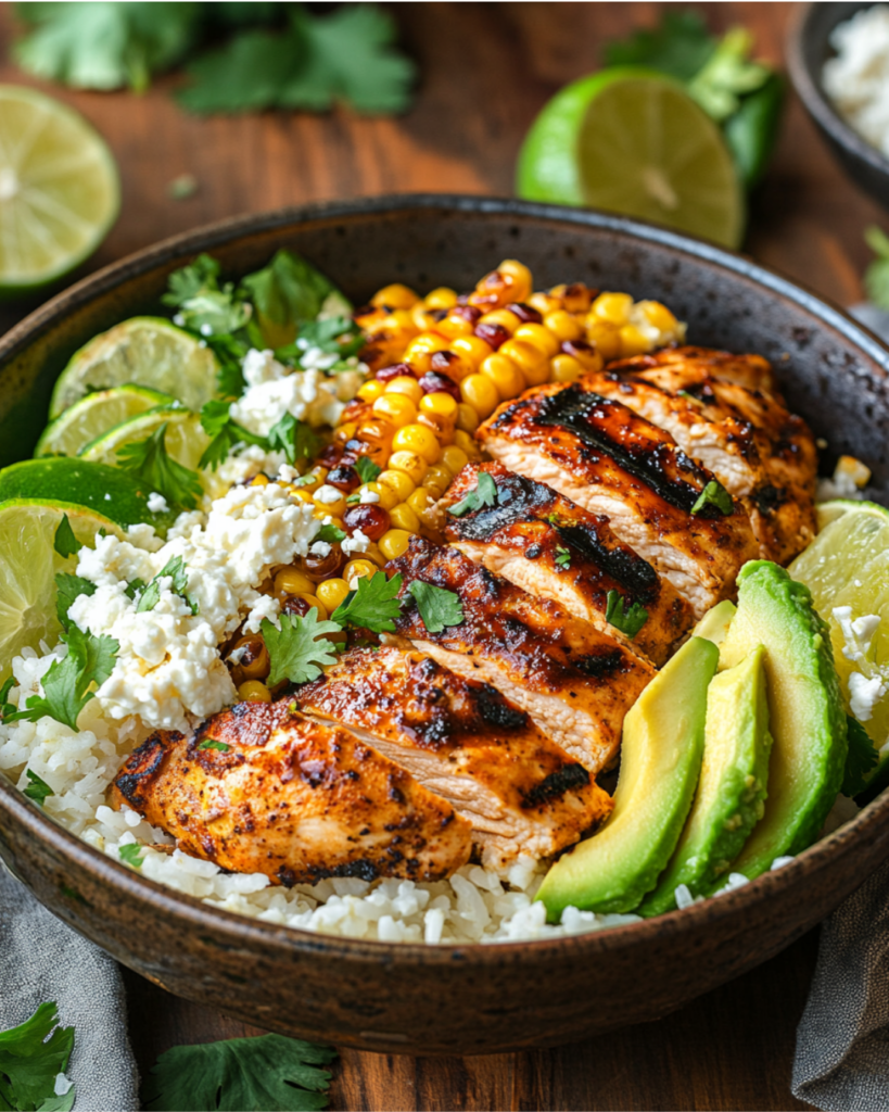 Street corn chicken rice bowl with grilled chicken thighs, charred corn, avocado slices, and lime crema on fluffy white rice