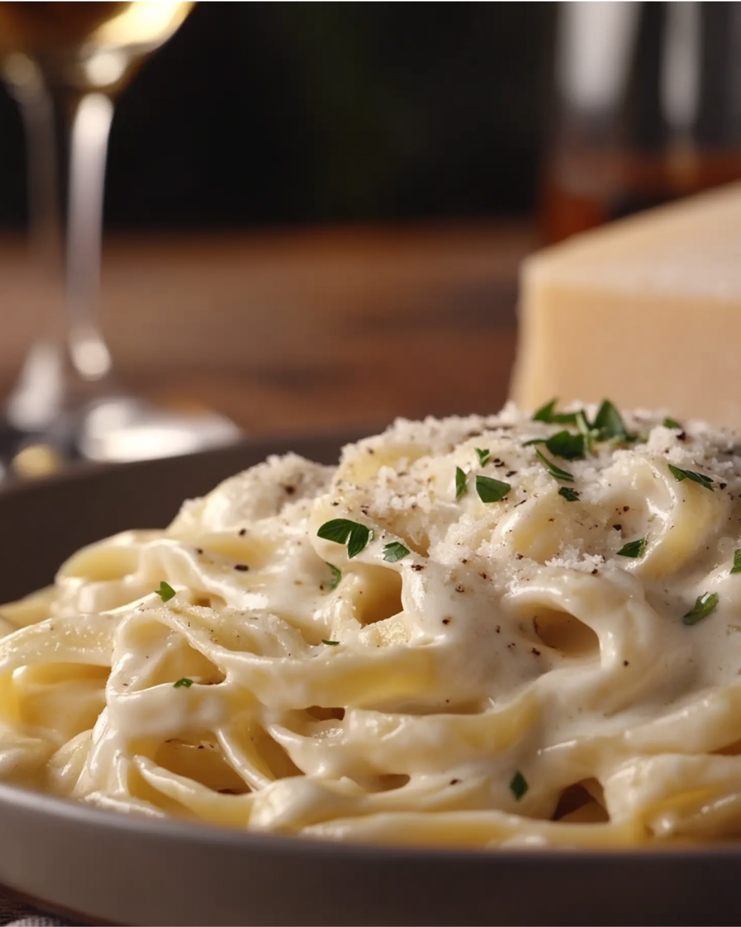 A creamy homemade Fettuccine Alfredo dish served on a white ceramic plate with fresh parsley garnish.