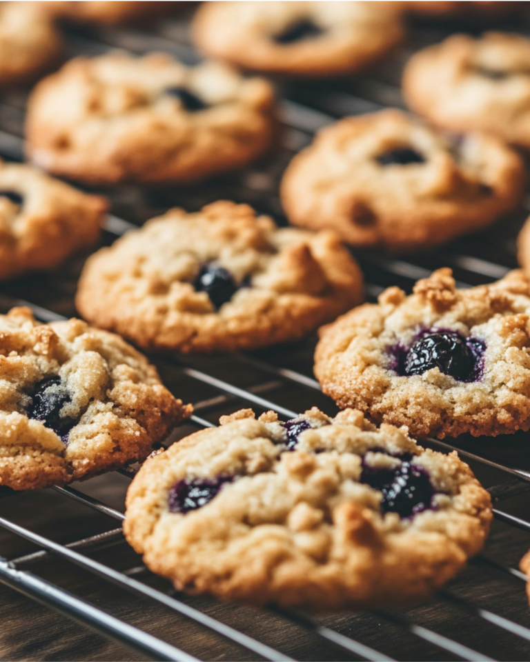 A hand holding a freshly baked blueberry muffin cookie with juicy blueberries and streusel topping.