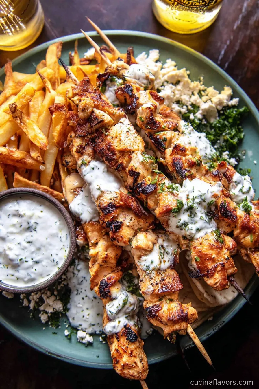 Chicken Tzatziki Skewers with Feta Fries.