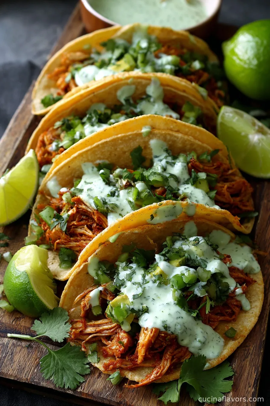 Crockpot Crispy Chicken Tinga Tacos with Avocado Jalapeño Crema
