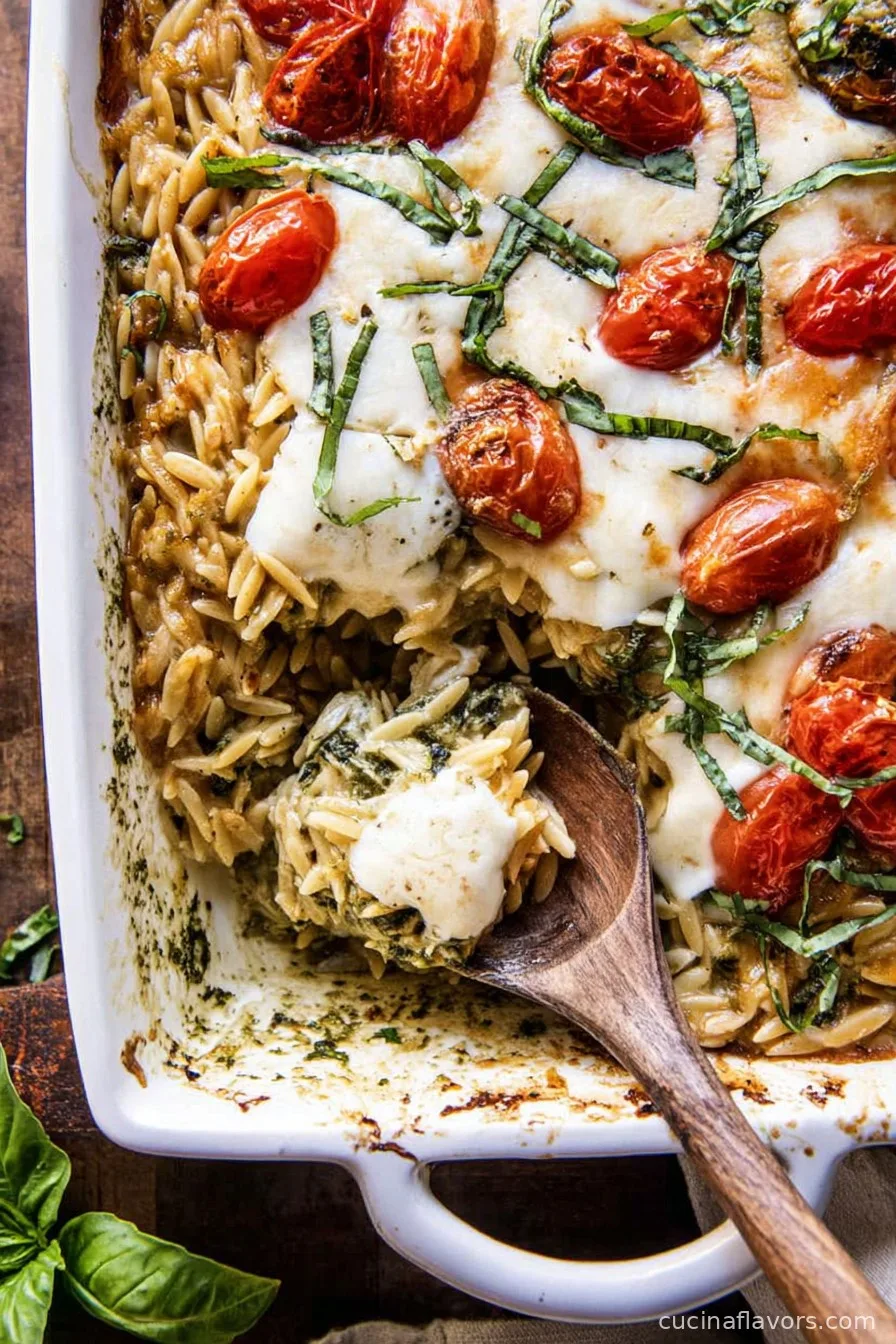 Easiest One Pan Caprese Pesto Orzo Bake