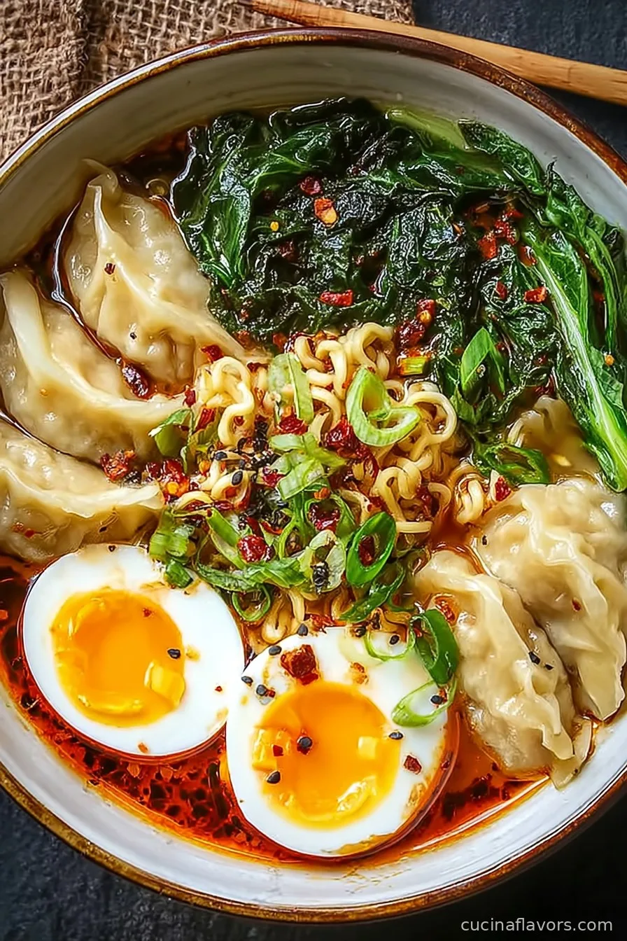 Savory Dumpling Ramen Bowl with Soft-Boiled Eggs and Fresh Greens