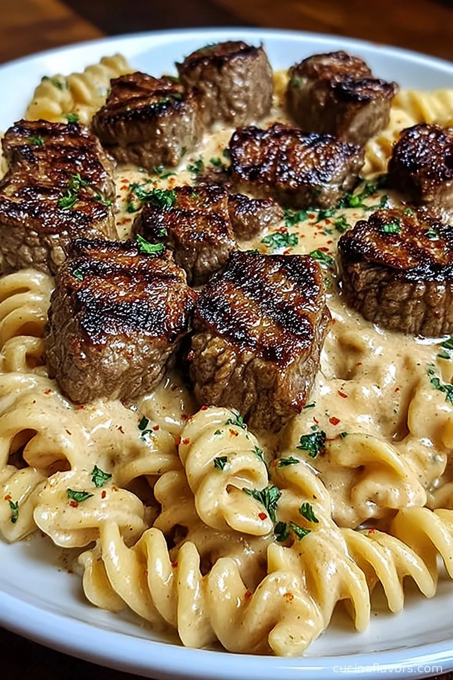 Easy Creamy Garlic Butter Steak Bites with Spicy Cajun Alfredo Twisted Pasta Recipe