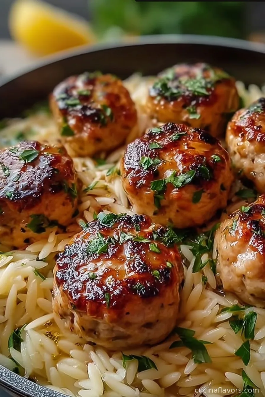 Greek Chicken Meatballs with Lemon Orzo